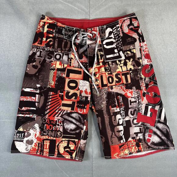 Lost Enterprises Board Shorts Mens 30 Red All Over Print Skull Magazine Patch - Picture 1 of 6